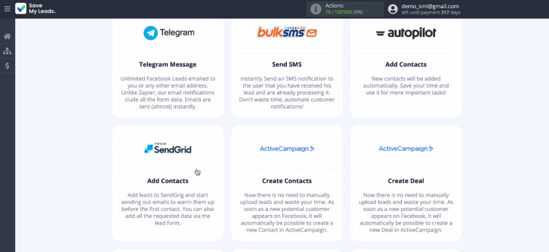 Facebook and SendGrid integration | Select SendGrid