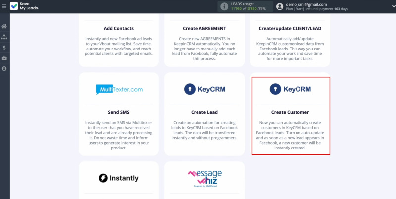 Facebook and KeyCRM integration | Choose the KeyCRM (Create Customer)
