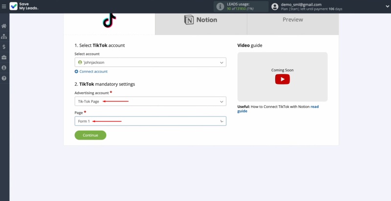 TikTok and Notion integration | Specify the advertising account and the lead form