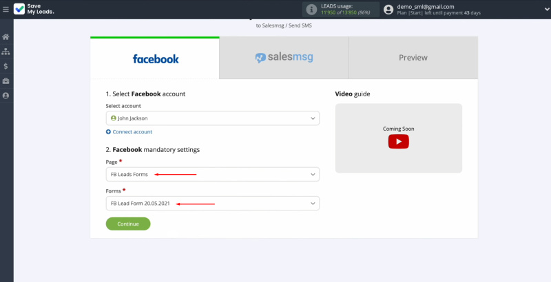 Salesmsg and Facebook integration | Select the advertising page and form