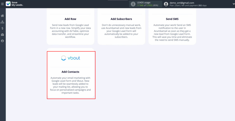 Google Ads Lead Form and Vbout integration | Select Vbout with the option "Add Contacts"