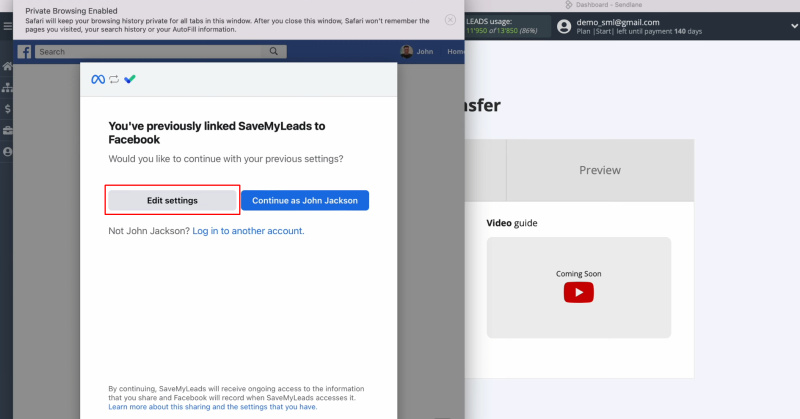 Sendlane and Facebook integration | Click “Edit settings”