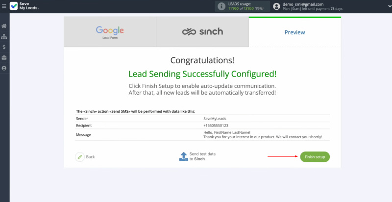 Google Lead Form and Sinch integration | Click “Finish setup” to enable auto-update