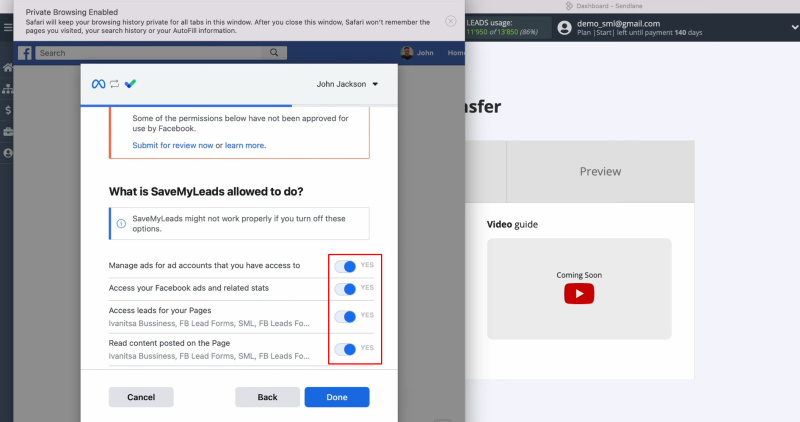 Sendlane and Facebook integration | Leave all check boxes enabled