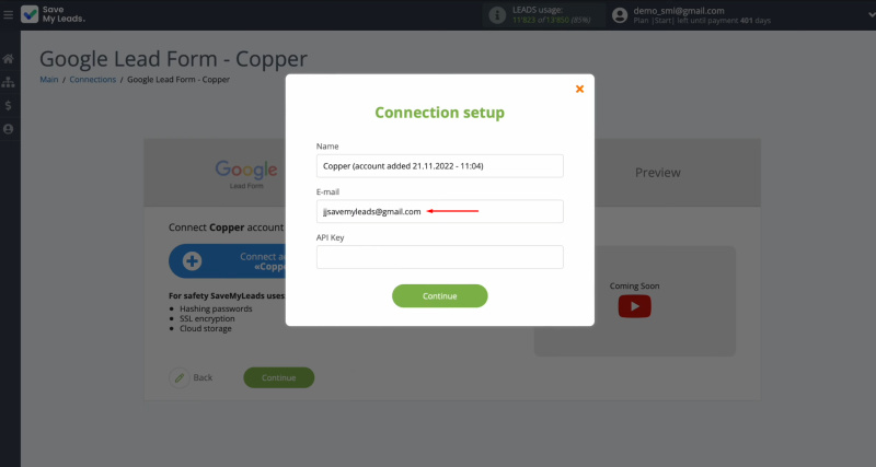 Google Lead Form and Copper integration | Enter the email address