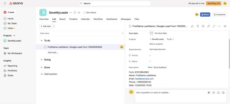 Result of the data transfer to Asana