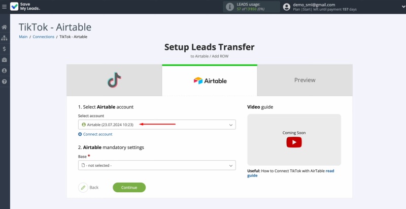 Select the connected account