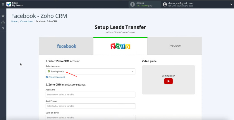 Facebook Lead Ads and Zoho CRM integration | Select the connected account
