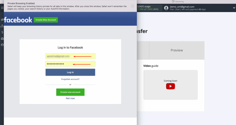 Salesmsg and Facebook integration | Specify the login and password
