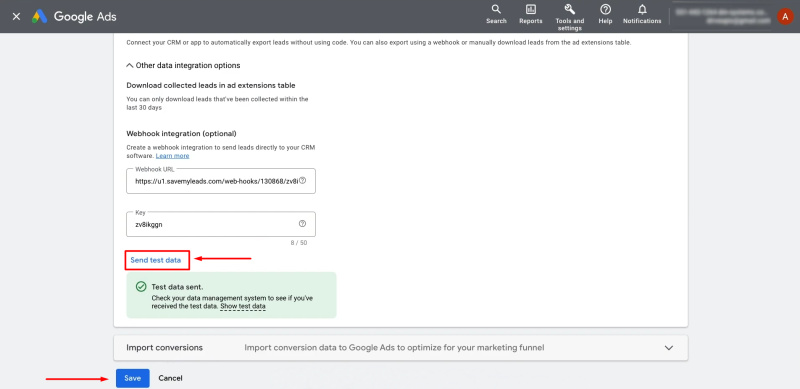 Google Lead Form and Mailchimp integration | Click "Send Test Data" and save the changes