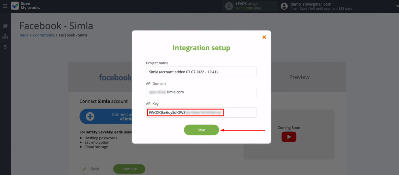 Facebook and Simla integration | Fill in the “API Key” field
