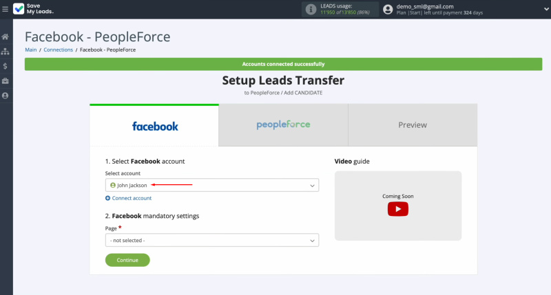 PeopleForce and Facebook integration | Select the connected account