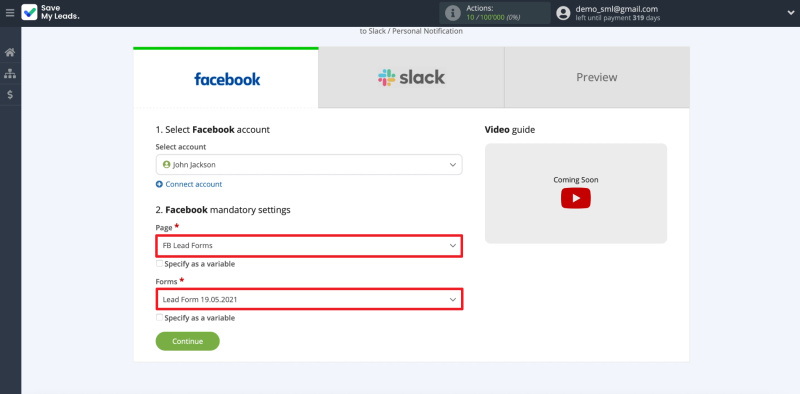 How to set up the upload of new leads from Facebook ad account to Slack private messages |&nbsp;Connecting form