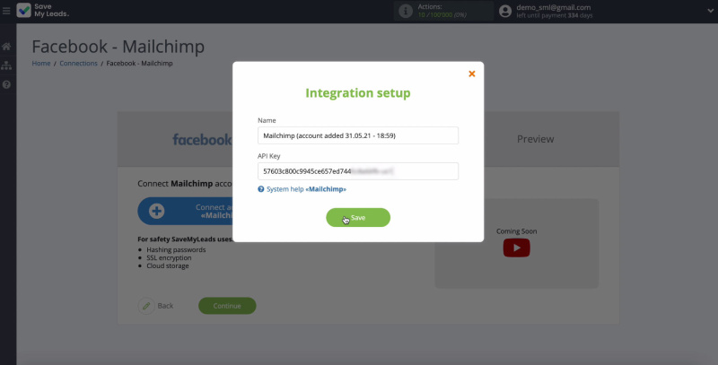 MailChimp and Facebook integration | Click Save
