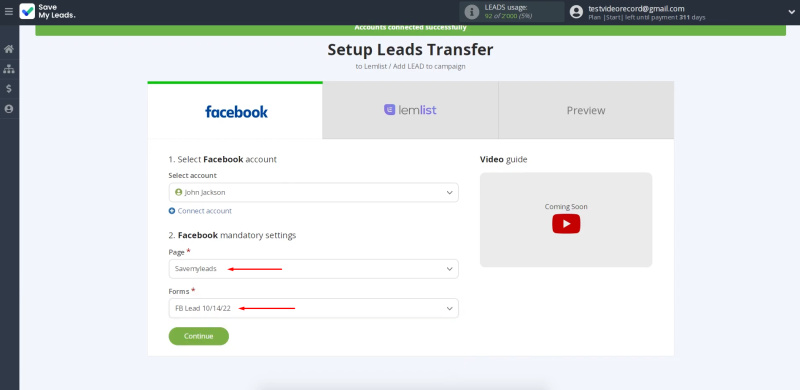Facebook and Lemlist integration | Select the advertising page and form