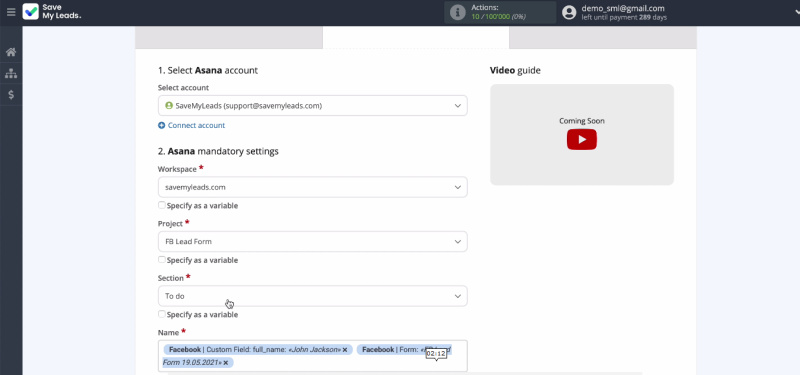 Transfer leads from Facebook Lead Ads to Asana | Specify the Workspace