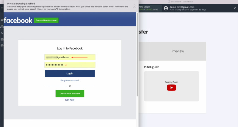 Facebook and MailerSend integration | Specify your login and password
