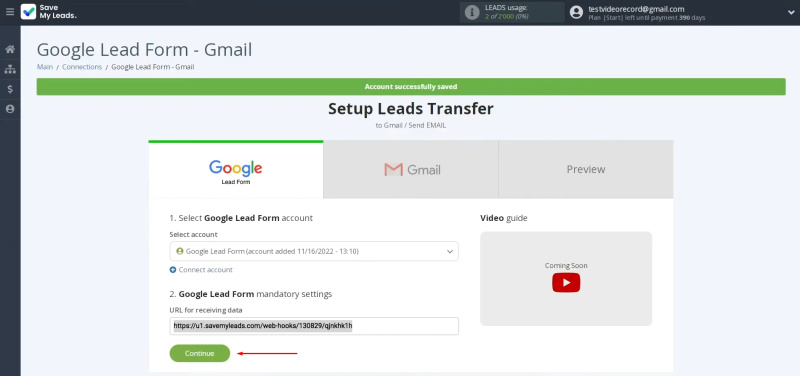 Google Lead Form and Gmail integration | Return to SaveMyLeads and continue setting up