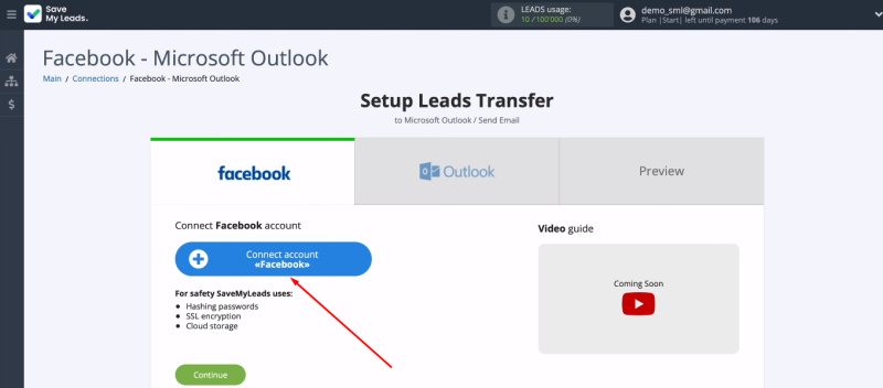 Facebook and Microsoft Outlook integration | Click "Connect account Facebook"