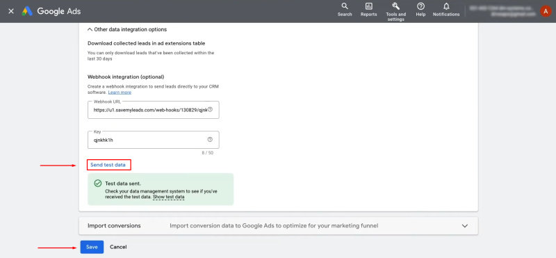 Google Lead Form and Gmail integration | Click "Send Test Data" and save the changes