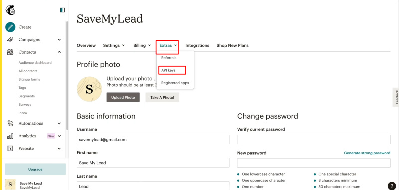 Google Lead Form and Mailchimp integration | Go to the "Extras" section and select the "API Keys" option