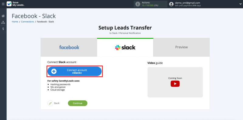 How to set up the upload of new leads from Facebook ad account to Slack private messages | Connecting Slack account