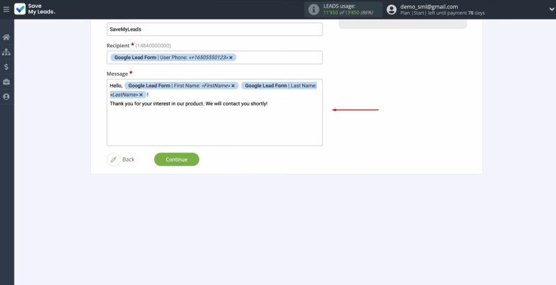 Google Lead Form and Sinch integration | Create a message and click “Continue”