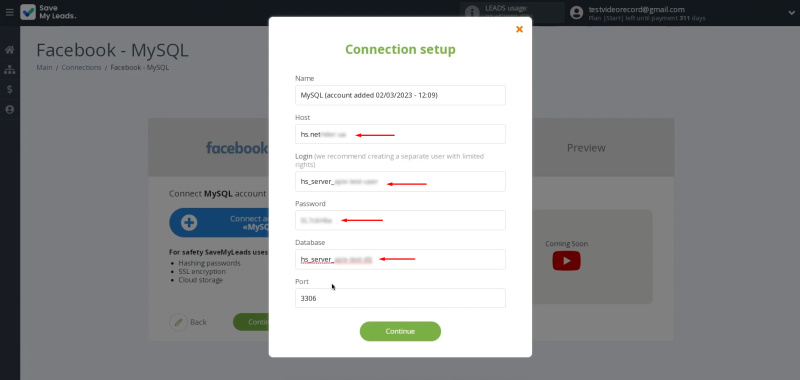 MySQL and Facebook integration | Specify the host, login, password, name of the database, and port 