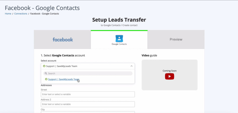 Facebook and Google Contacts integration | Select account