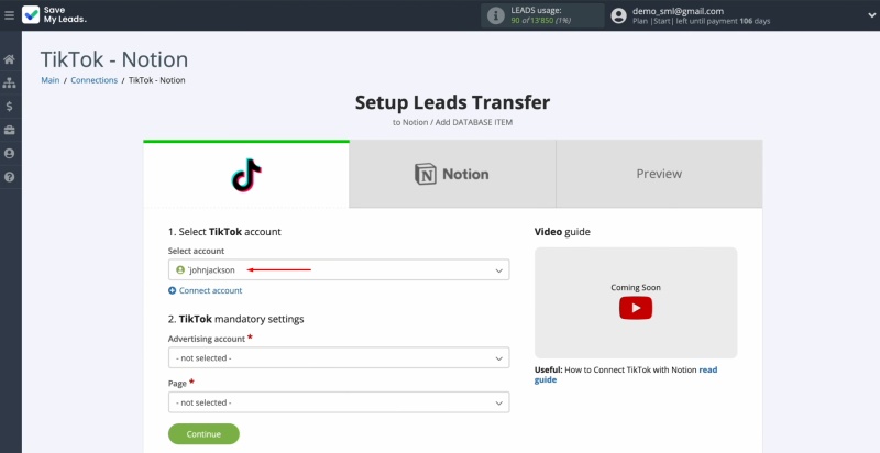 TikTok and Notion integration | Select the connected account
