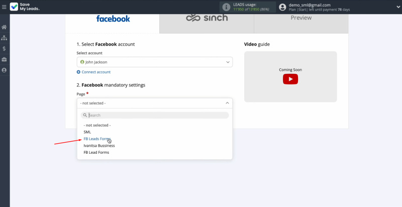 Facebook and Sinch integration | Select the advertising page