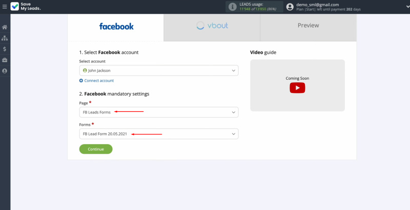 Facebook and Vbout integration | Select the advertising page and specify the forms