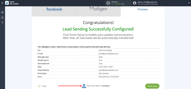 Facebook and Mailigen integration | Send test data to Mailigen
