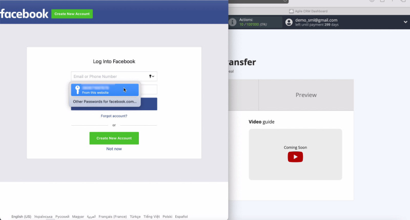 Facebook and AgileCRM integration | Enter your username and password