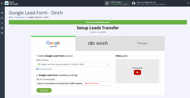 Google Lead Form and Sinch integration | Copy the URL for receiving data