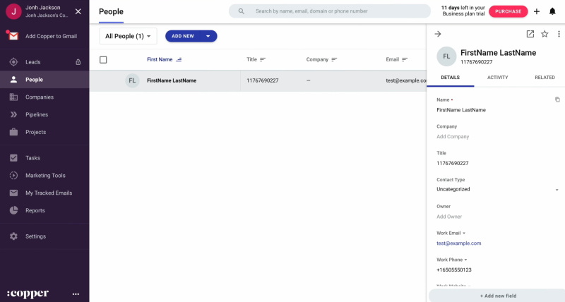 Google Lead Form and Copper integration | Result of the data transfer to Copper