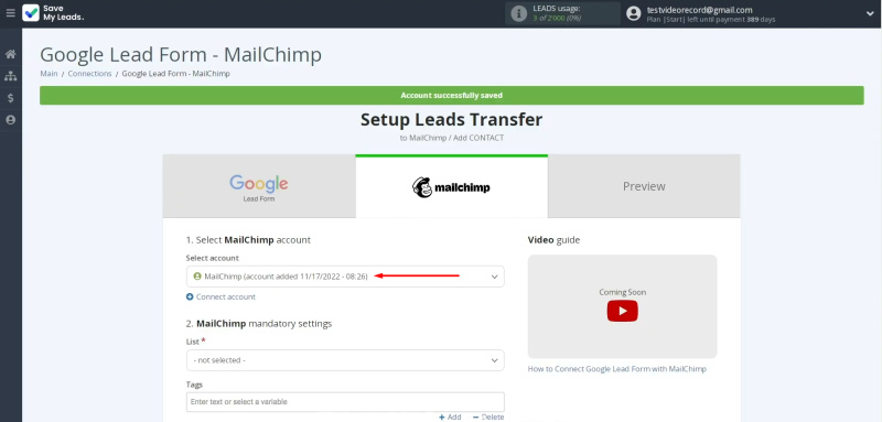 Google Lead Form and Mailchimp integration | Select the connected account