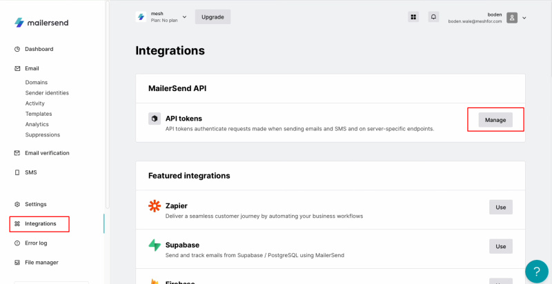 Facebook and MailerSend integration | Go to the section “Integrations”