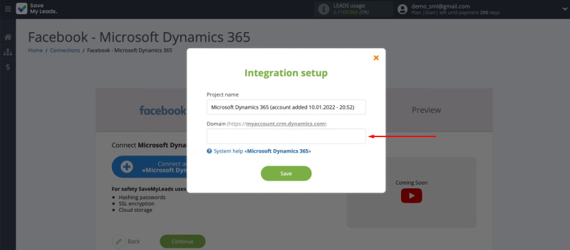 Facebook and Microsoft Dynamics 365 integration | The "Domain" field