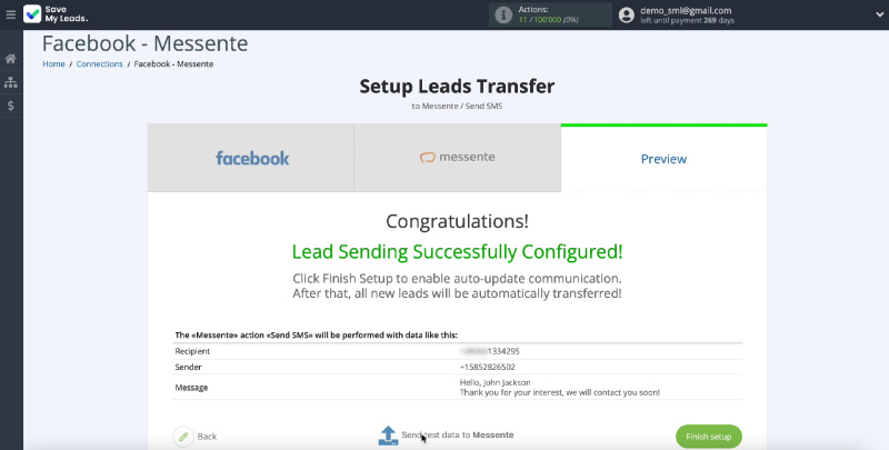 How to set up Facebook and Messente integration | Sending test data