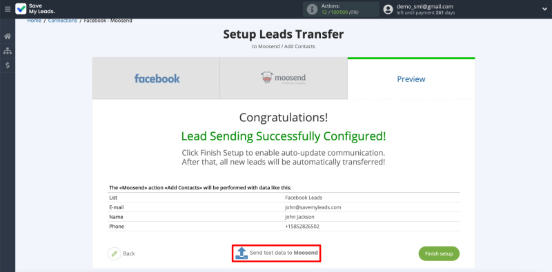 How to set up the upload of new leads from your Facebook ad account in Moosend | Sending test data