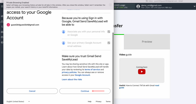 TikTok and Gmail integration | Click “Continue” again