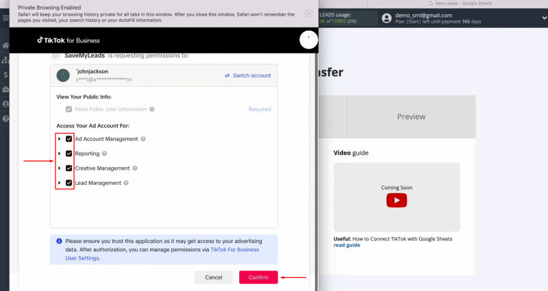 TikTok and Google Sheets integration | Make sure that all access checkboxes are enabled