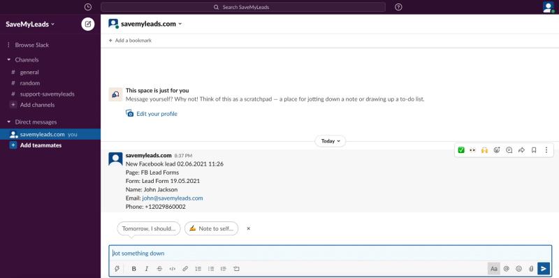 How to set up the upload of new leads from Facebook ad account to Slack private messages |&nbsp;Example of lead data in Slack
