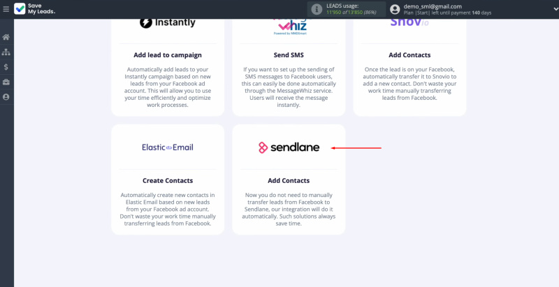 Sendlane and Facebook integration | Select the system where you want to transfer new leads
