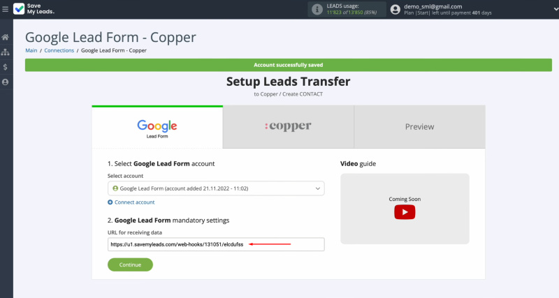 Google Lead Form and Copper integration | Copy the URL