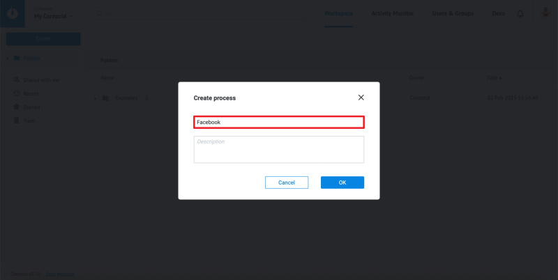 How to set up uploading new leads from a Facebook ad account in Corezoid | Enter the name of the process