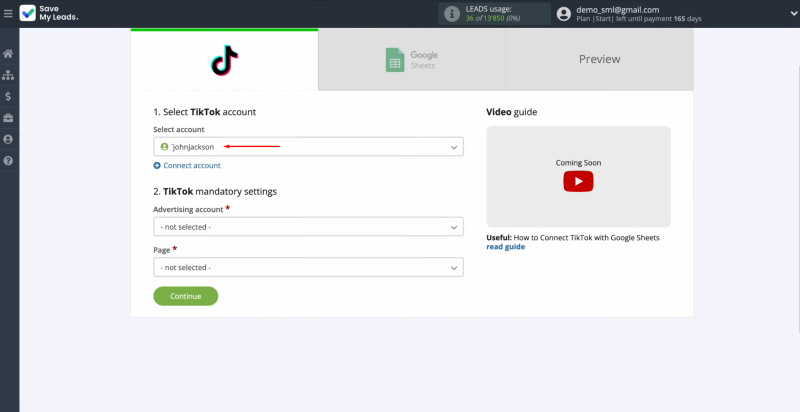 TikTok and Google Sheets integration | Select the connected account