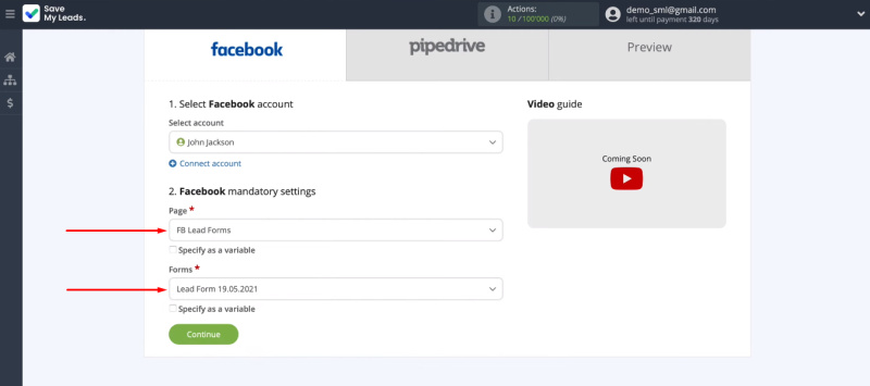 Facebook and Pipedrive integration | Select Ad page and lead-form