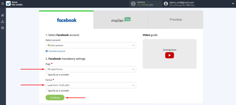 Facebook and MailerLite integration | Define page and form